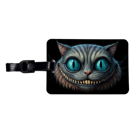 Creepy Cheshire Cat Grin on Black Travel Faux Leather Luggage Tag
