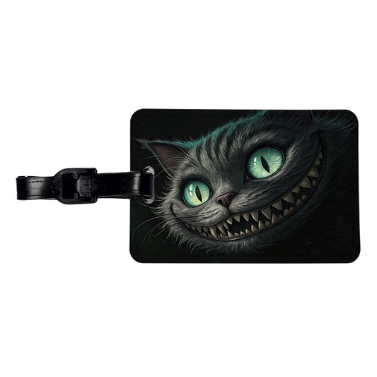 Evil Cheshire Cat Grinning On Black Travel Faux Leather Luggage Tag