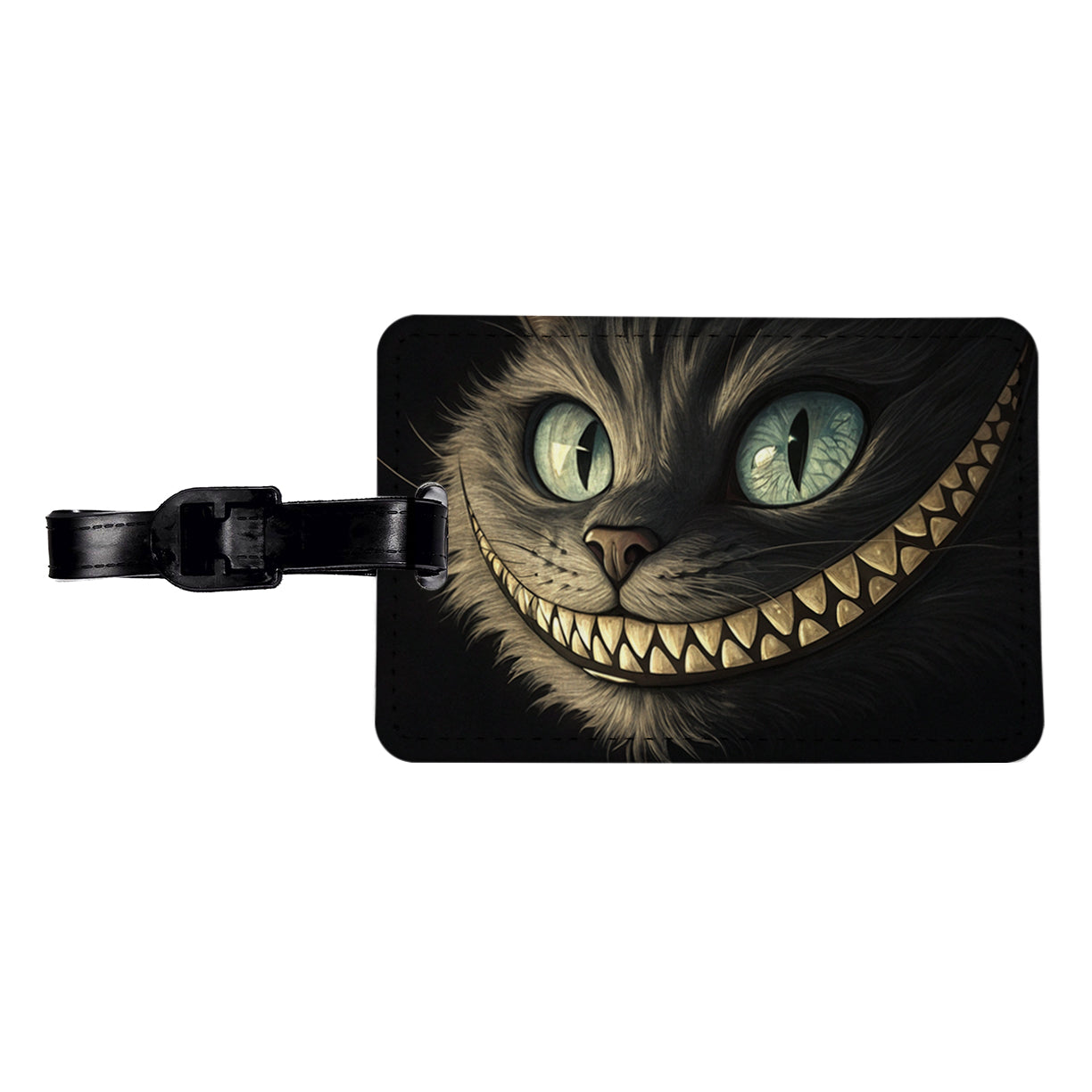 Funny Cheshire Cat Grin on Black Travel Faux Leather Luggage Tag