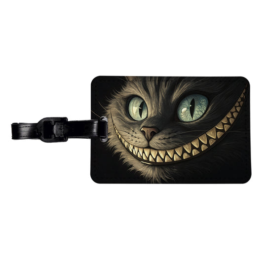 Funny Cheshire Cat Grin on Black Travel Faux Leather Luggage Tag