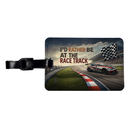 I'd Rather Be At The Race Track Checkered Flag Travel Faux Leather Luggage Tag