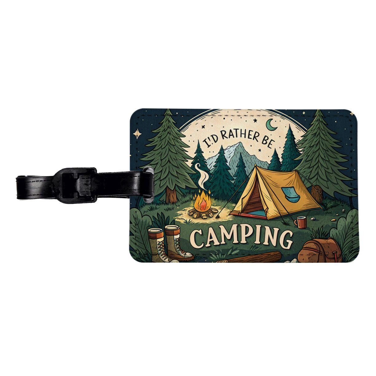 I'd Rather Be Camping Wilderness Tent Travel Faux Leather Luggage Tag