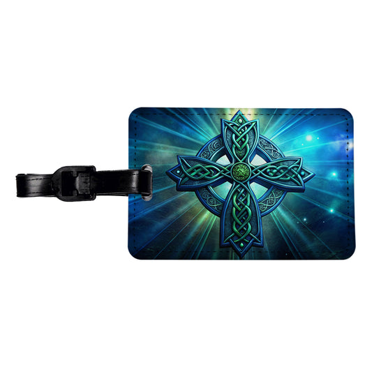 Irish Celtic Christian Cross Blue Green Travel Faux Leather Luggage Tag