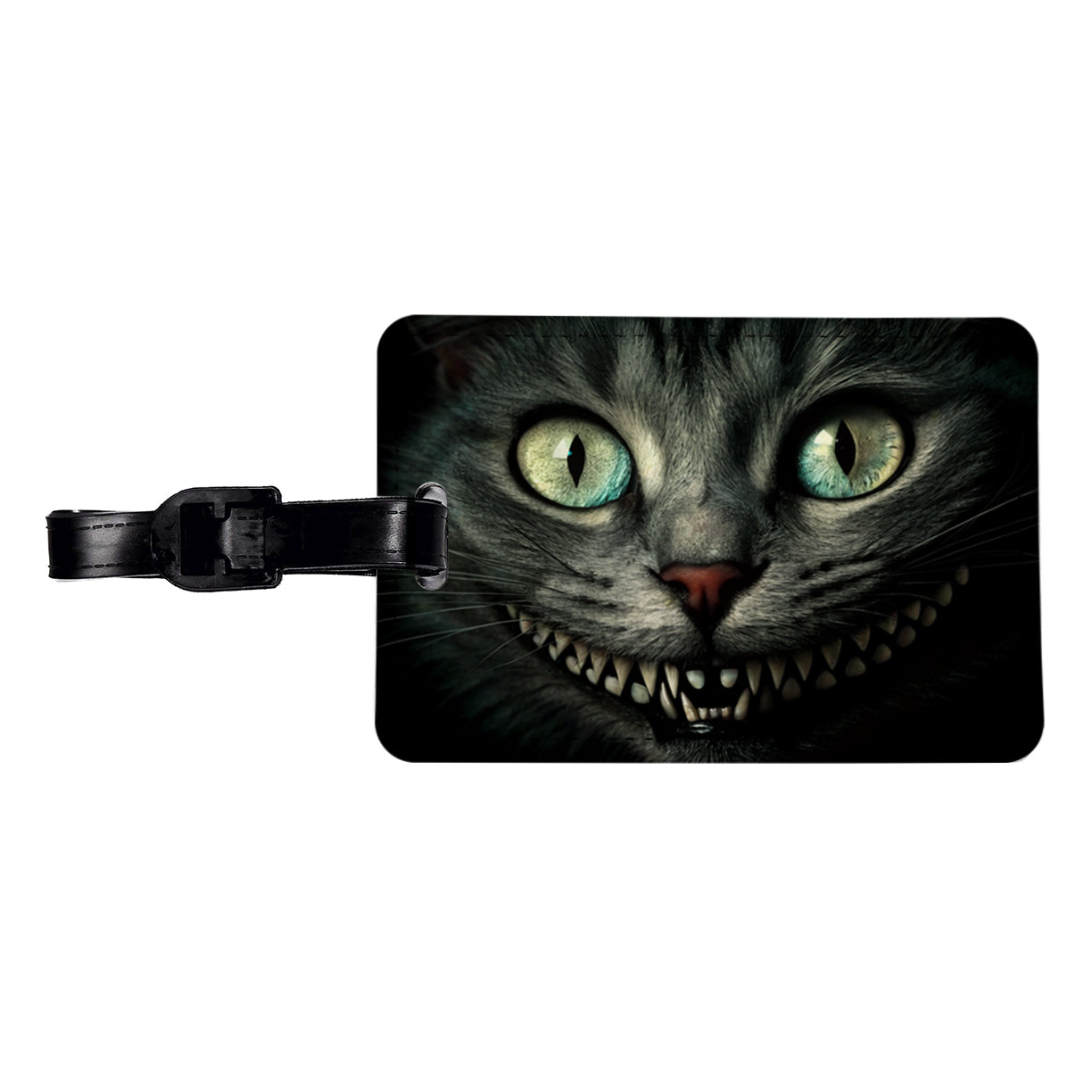 Mischievous Cheshire Cat Grin on Black Travel Faux Leather Luggage Tag