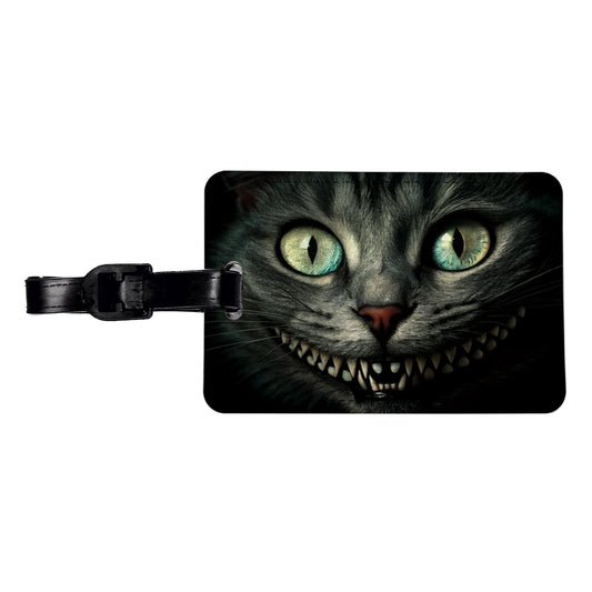Mischievous Cheshire Cat Grin on Black Travel Faux Leather Luggage Tag