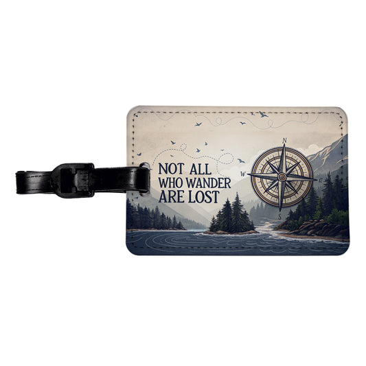 Not All Who Wander Are Lost Compass Hiking Travel Faux Leather Luggage Tag