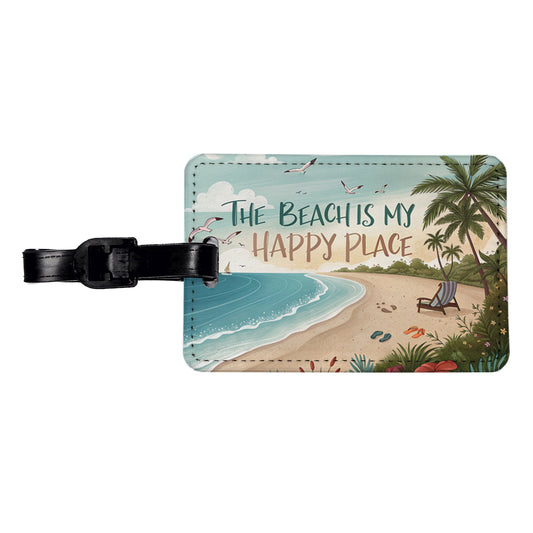 The Beach Is My Happy Place Funny Tropical Travel Faux Leather Luggage Tag
