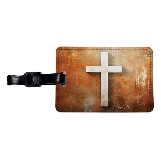 White Cross On Rusty Rustic Background Religious Travel Faux Leather Luggage Tag