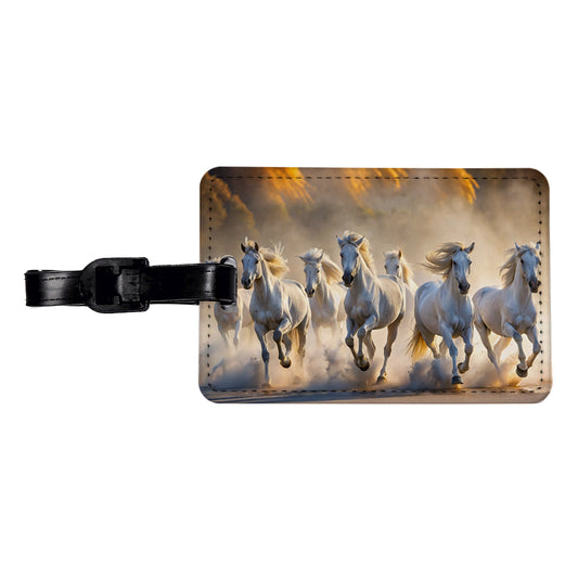 White Horses Galloping Out Of The Mist Travel Faux Leather Luggage Tag