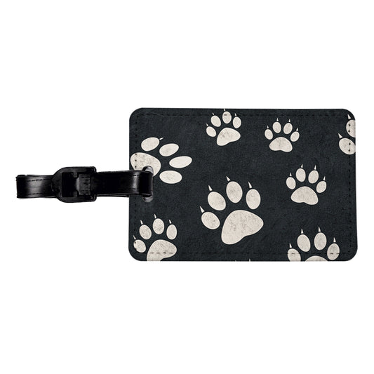 White Paw Prints On Black Pattern Travel Faux Leather Luggage Tag