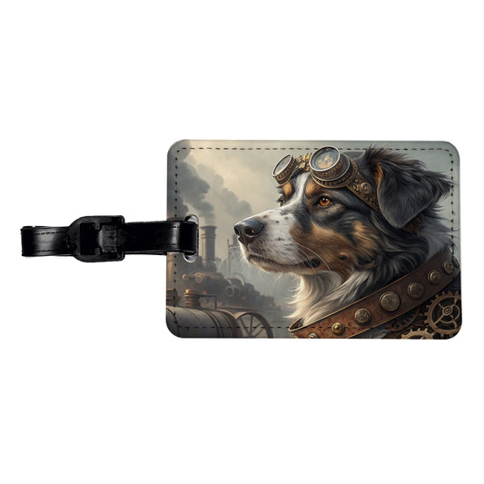 Australian Shepherd Dog Steampunk Travel Faux Leather Luggage Tag