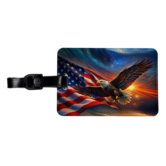 Awesome Patriotic American Flag and Flying Bald Eagle Travel Faux Leather Luggage Tag