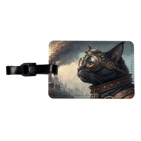Black Cat Steampunk Travel Faux Leather Luggage Tag