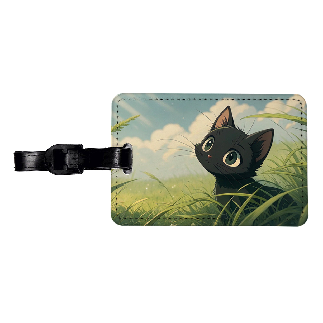 Black Kitten Cat in Field of Grass Anime Style Travel Faux Leather Luggage Tag