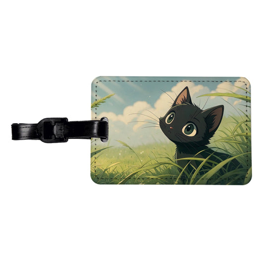 Black Kitten Cat in Field of Grass Anime Style Travel Faux Leather Luggage Tag