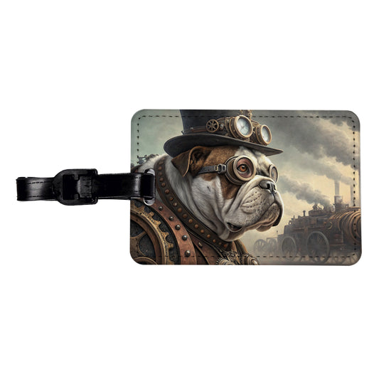 Bulldog Dog Steampunk Travel Faux Leather Luggage Tag