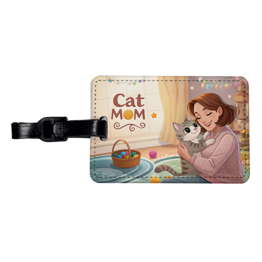 Cat Mom Cartoon Travel Faux Leather Luggage Tag