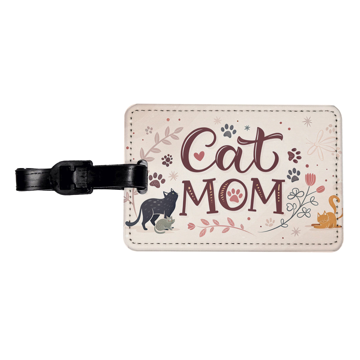 Cat Mom Floral Paw Prints Travel Faux Leather Luggage Tag