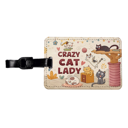 Crazy Cat Lady Funny Cartoon Travel Faux Leather Luggage Tag