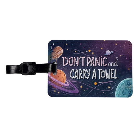 Don't Panic And Carry A Towel Funny Sci-Fi Travel Faux Leather Luggage Tag