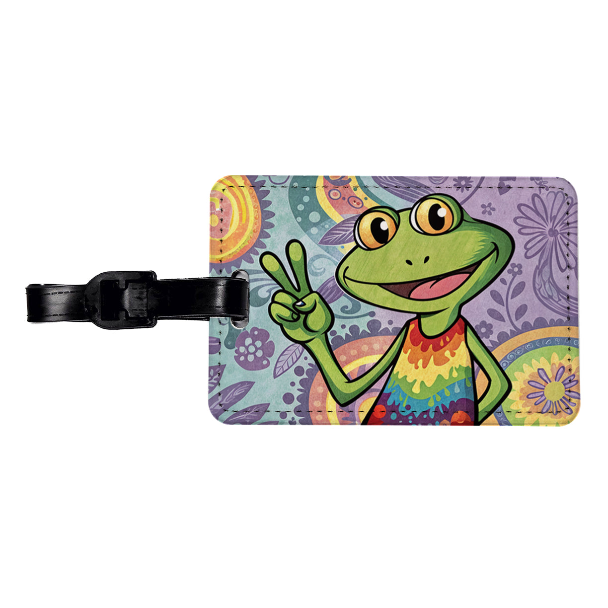 Frog Giving Peace Sign Hippie Tie Dye Travel Faux Leather Luggage Tag