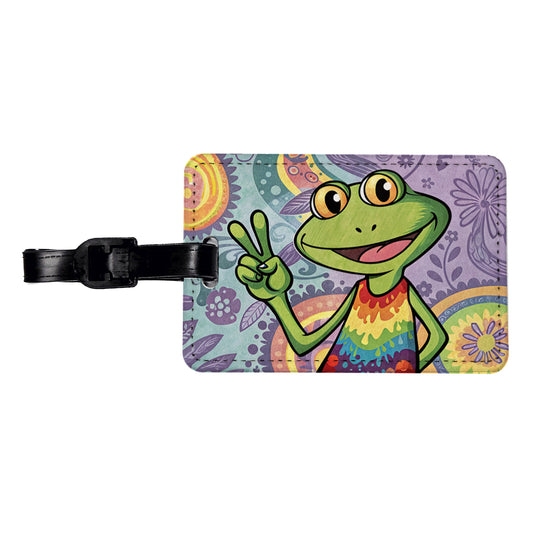 Frog Giving Peace Sign Hippie Tie Dye Travel Faux Leather Luggage Tag