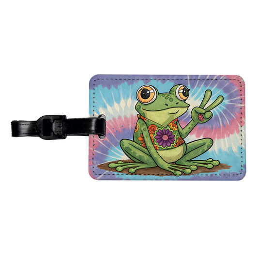 Frog Giving Peace Sign Tie-Dye Cartoon Travel Faux Leather Luggage Tag