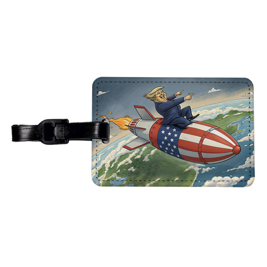 Funny Donald Trump Riding American Flag Missile Travel Faux Leather Luggage Tag