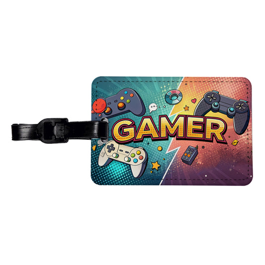 Gamer Retro Gaming Controllers Illustration Travel Faux Leather Luggage Tag