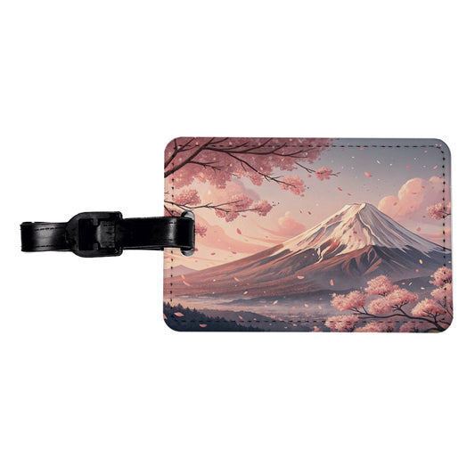 Mount Fuji Blooming Sakura Trees Japanese Illustration Travel Faux Leather Luggage Tag