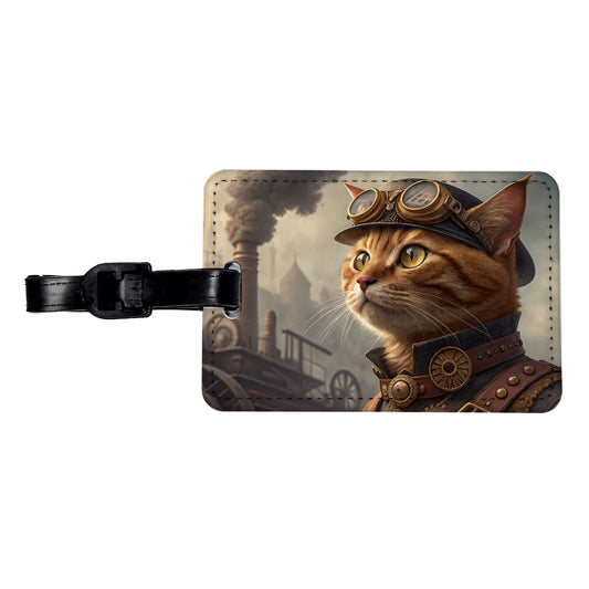 Orange Tabby Cat Steampunk Travel Faux Leather Luggage Tag