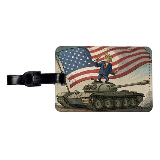 Patriotic Donald Trump Standing On Tank Funny Travel Faux Leather Luggage Tag