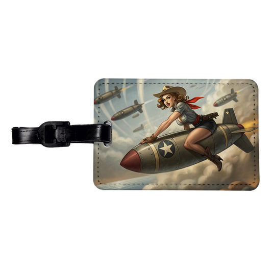 Rockabilly Patriotic Pin-Up Cowgirl Riding Bomb Funny Travel Faux Leather Luggage Tag