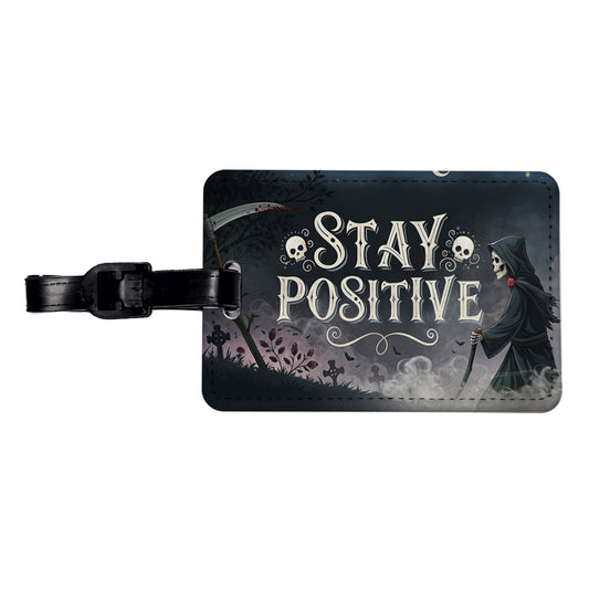 Stay Positive Funny Grim Reaper Death Cartoon Travel Faux Leather Luggage Tag