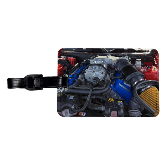 Supercharged V8 Engine Red Sports Muscle Car Travel Faux Leather Luggage Tag
