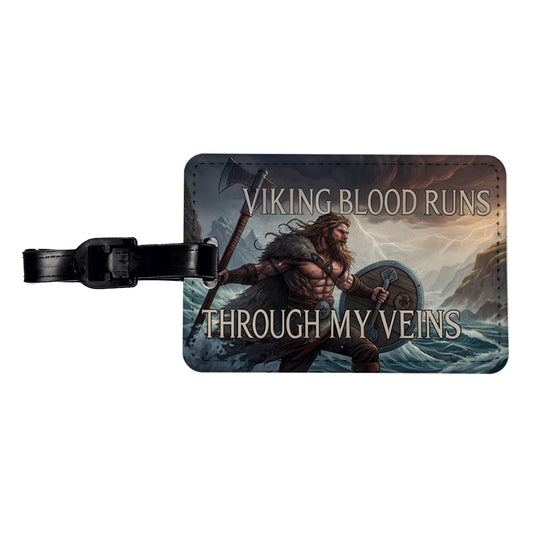 Viking Blood Runs Through My Veins Scandinavian Norse Warrior Travel Faux Leather Luggage Tag