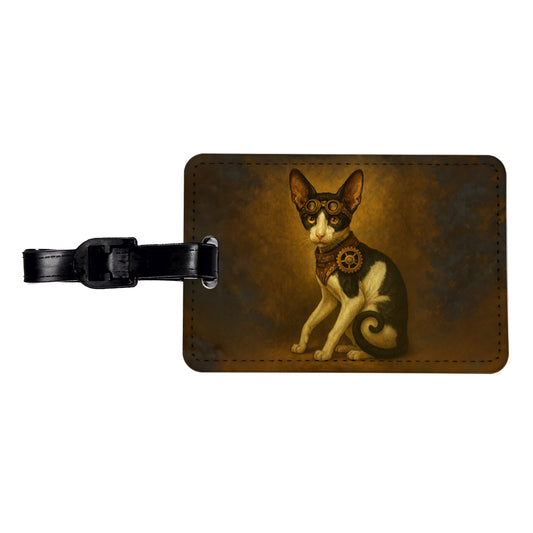 Vintage Steampunk Oriental Shorthair Cat Fantasy Painting Travel Faux Leather Luggage Tag