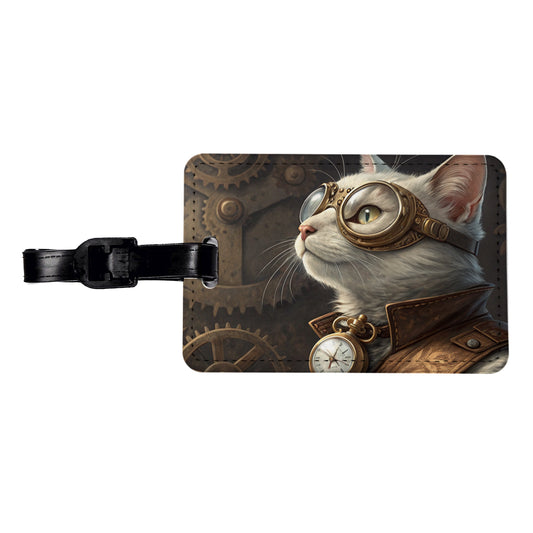 White Cat Steampunk Travel Faux Leather Luggage Tag