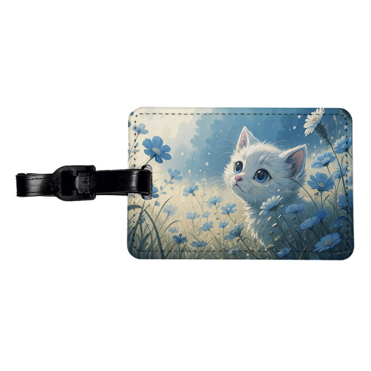 White Kitten in Field Of Blue Flowers Anime Style Travel Faux Leather Luggage Tag