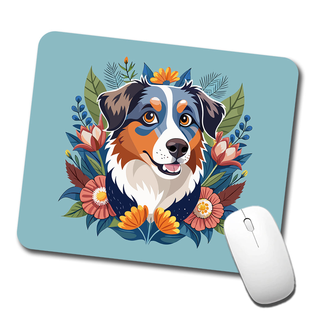 Australian Shepherd Dog Floral Flowers Low Profile Mouse Pad Mat
