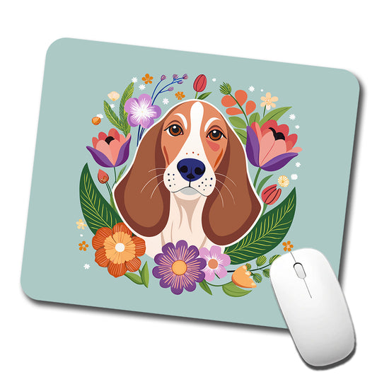 Basset Hound Dog Floral Flowers Low Profile Mouse Pad Mat