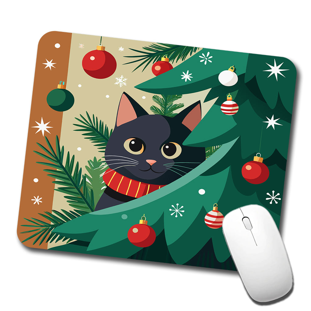 Black Cat Hiding in Christmas Tree Low Profile Mouse Pad Mat