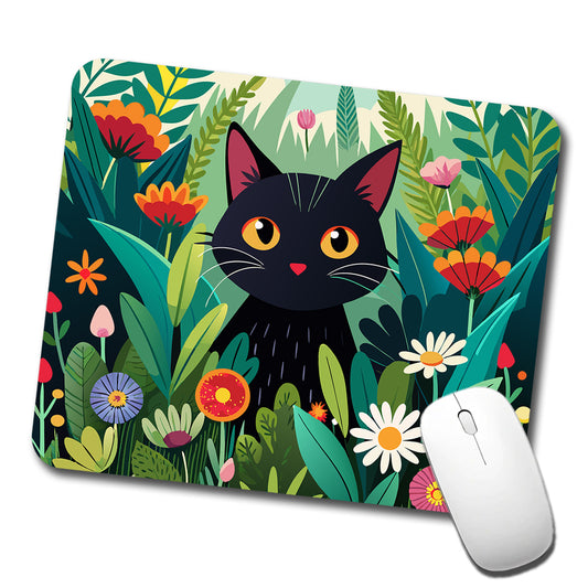 Black Cat Hiding in Flower Garden Low Profile Mouse Pad Mat