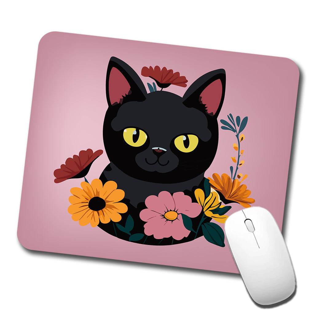 Black Cat in Flowers Low Profile Mouse Pad Mat