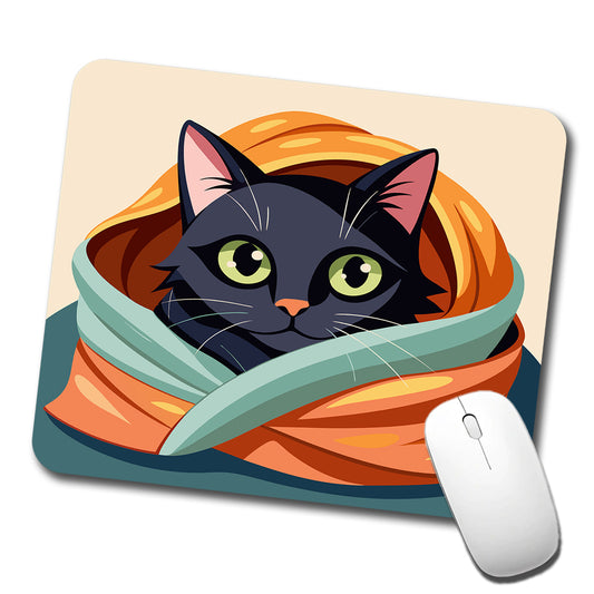 Black Cat Snuggling in Blanket Low Profile Mouse Pad Mat