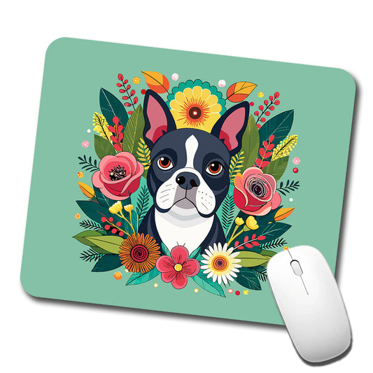 Boston Terrier Dog Floral Flowers Low Profile Mouse Pad Mat