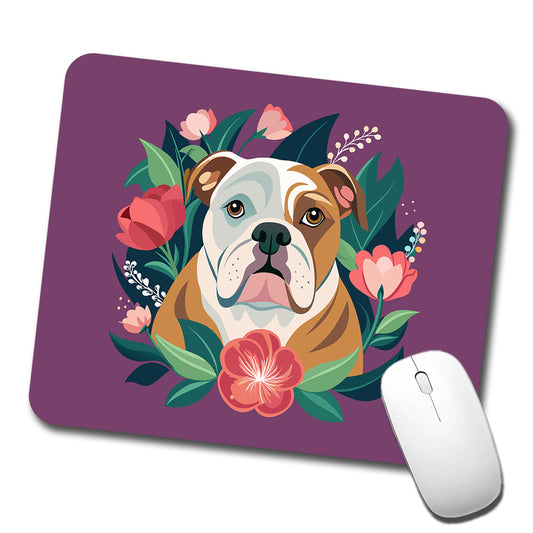 Bulldog Dog Floral Flowers Purple Background Low Profile Mouse Pad Mat