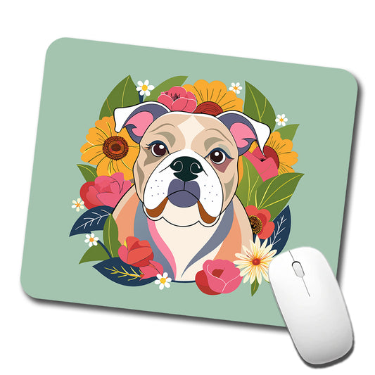 Bulldog Dog Floral Flowers Low Profile Mouse Pad Mat