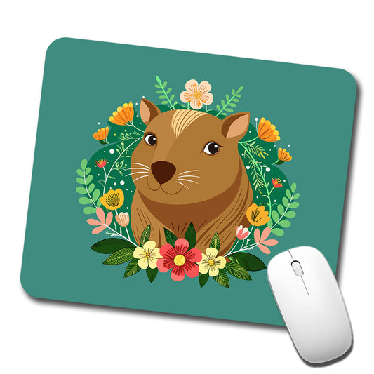 Capybara Head Floral Flowers Low Profile Mouse Pad Mat