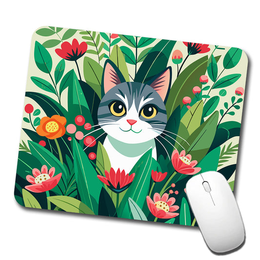 Cat Hiding in Flower Garden Low Profile Mouse Pad Mat